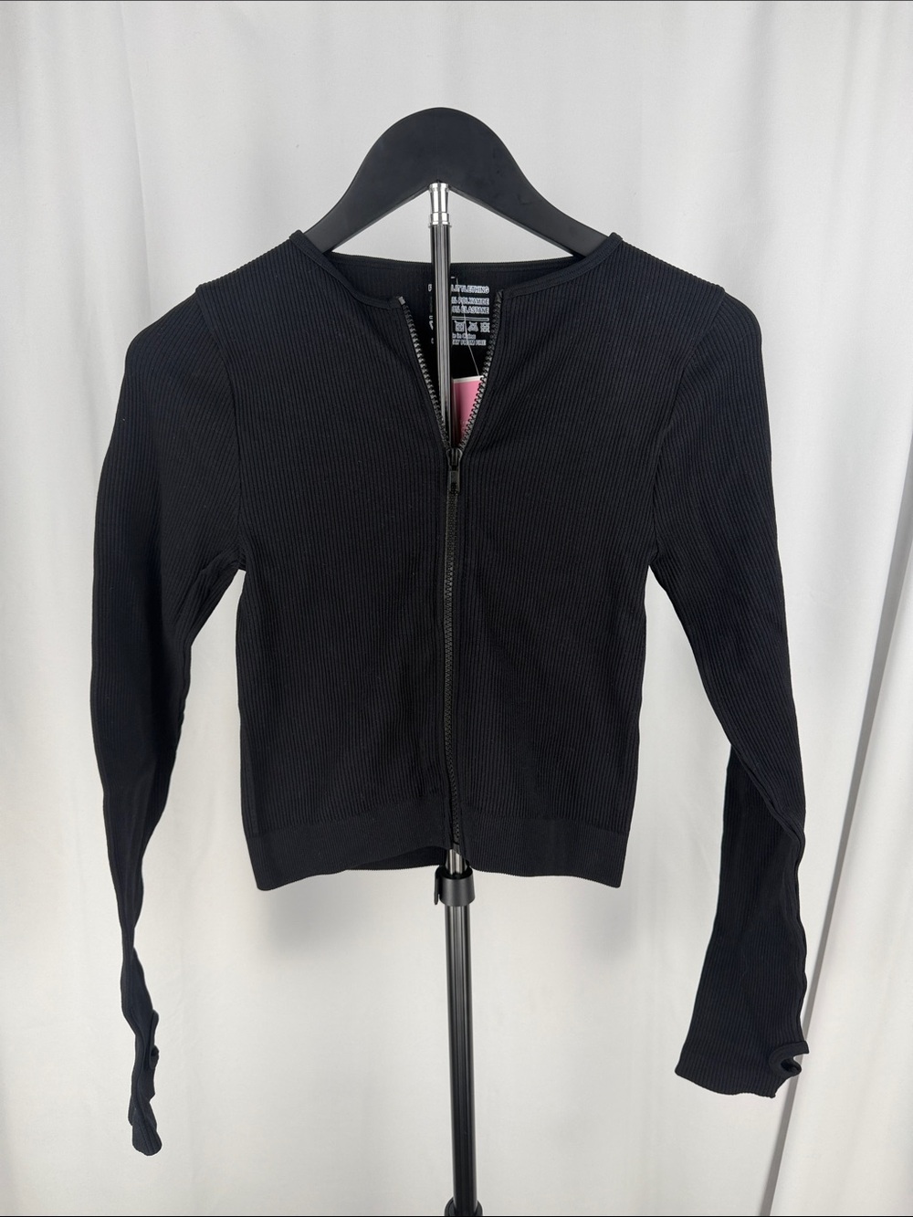 PrettyLittleThing Black Ribbed Zip Up Thumbhole Top Size L NWT